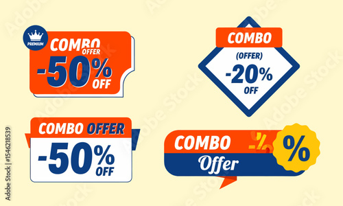 A collection of orange, blue, and white combo offer and discount tags. Diverse Combo Offer and Discount Sale Tags Collection. 