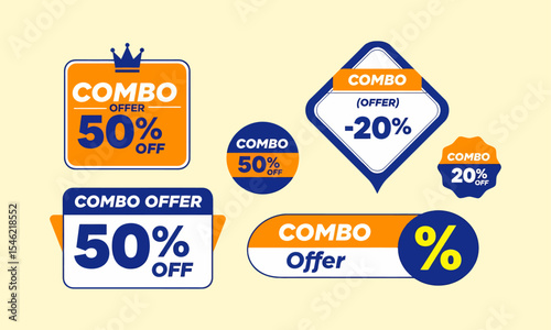 A collection of orange, blue, and white combo offer and discount tags. Diverse Combo Offer and Discount Sale Tags Collection. 