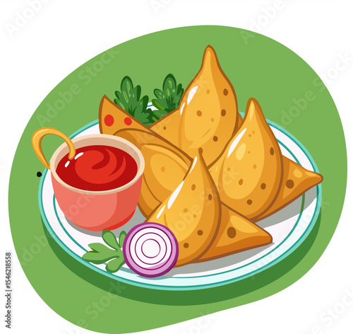 Spicy Potato Samosas with Ketchup and Sliced Onions in Plate. Authentic Indian Street Snacks Illustration