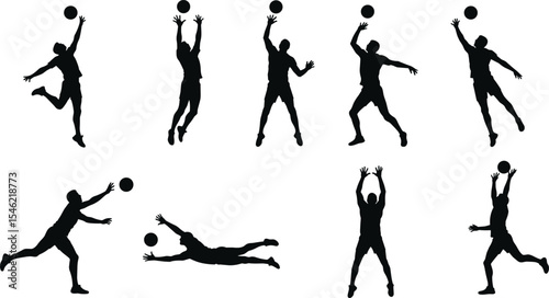 Silhouette volleyball players action set, men jump spike dig serve block ball, sport activity icons, athletic movement illustration, team play concept, competitive game design
