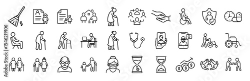 Elderly people senior care nursing home retirement lifestyle line vector icons