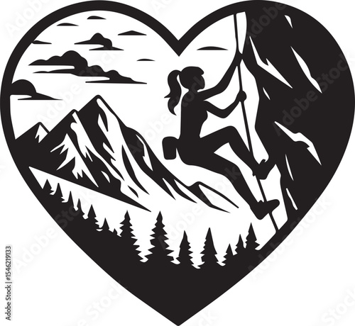 This captivating "Heart for Climbing" drawing encloses a dynamic scene of a female climber ascending a rugged mountain, surrounded by pine trees and clouds, all within a heart shape. It beautifully sy