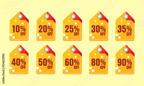 Comprehensive Set of Retail Discount Price Tags (10% to 90% Off).  Ideal for e-commerce, banners, print ads, and retail marketing to display various discounts.