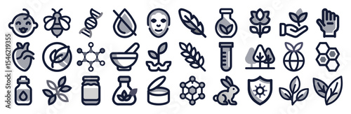Organic vegan cosmetic natural cruelty free skincare eco vector line icons