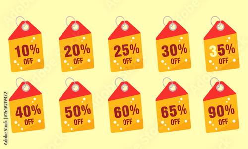 Comprehensive Set of Retail Discount Price Tags (10% to 90% Off).  Ideal for e-commerce, banners, print ads, and retail marketing to display various discounts.
