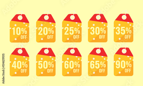 Comprehensive Set of Retail Discount Price Tags (10% to 90% Off).  Ideal for e-commerce, banners, print ads, and retail marketing to display various discounts.