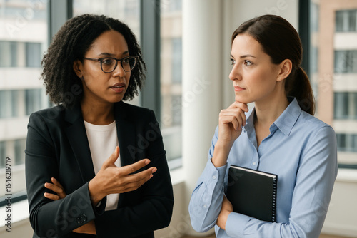 women in business attire having a conversation.