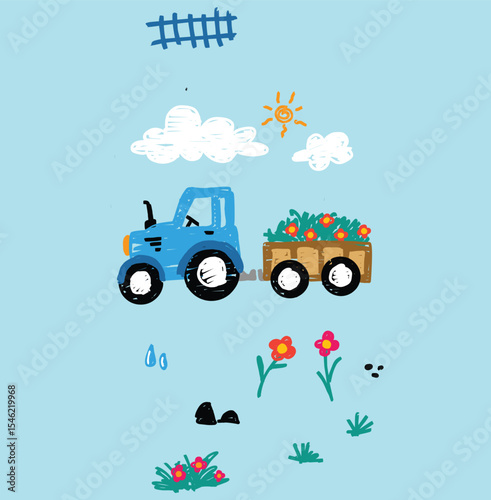 cute truck flower doodle vector set 
