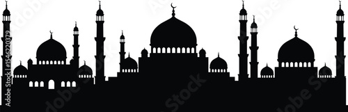 Islamic mosque silhouette illustration, Arabic architecture vector, religious building skyline, Muslim cultural landmark, minaret dome design, black mosque art, Islamic heritage artwork for decor