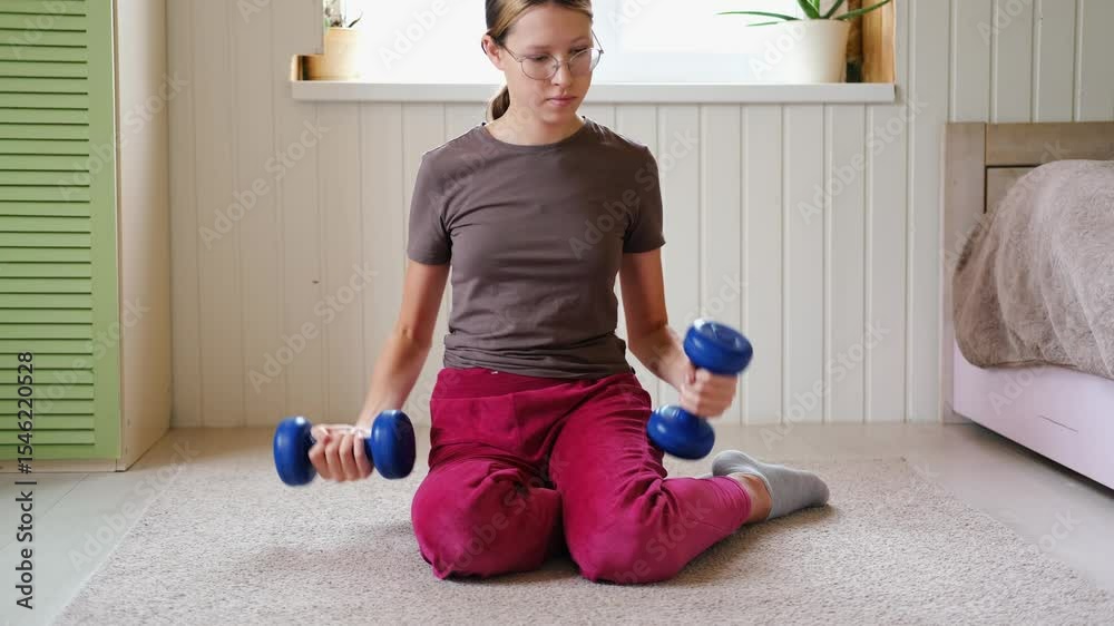 14 years old teenager customized workout, a mix of strength training, flexibility exercises, and cardio at home. Authentic shot. Teen girl exercises with dumbbells. Holistic Health, Mental WellBeing