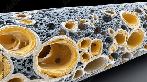3D medical illustration showing porous artery wall with embedded yellow cholesterol deposits, visualizing early stages of atherosclerosis.

