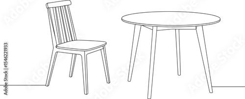 Modern dining chair and round table illustration, furniture line art, minimal interior design, black and white vector, stylish decor concept, home furnishing set, isolated drawing
