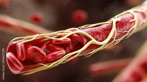 Pathology of Atherosclerosis, Detailed illustration of blood vessels and red blood cells in a scientific context.
