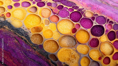 Colorful microscopic 3D illustration of lipid accumulation in arterial tissue, showing fat cells related to atherosclerosis development.

