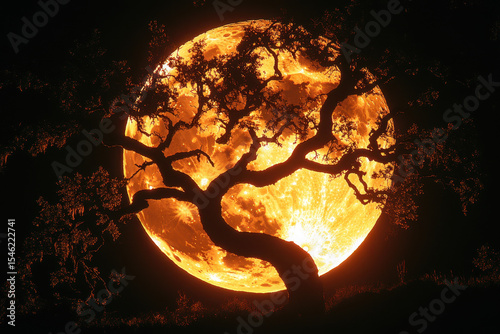 Full moon peeking through tree branches at night.