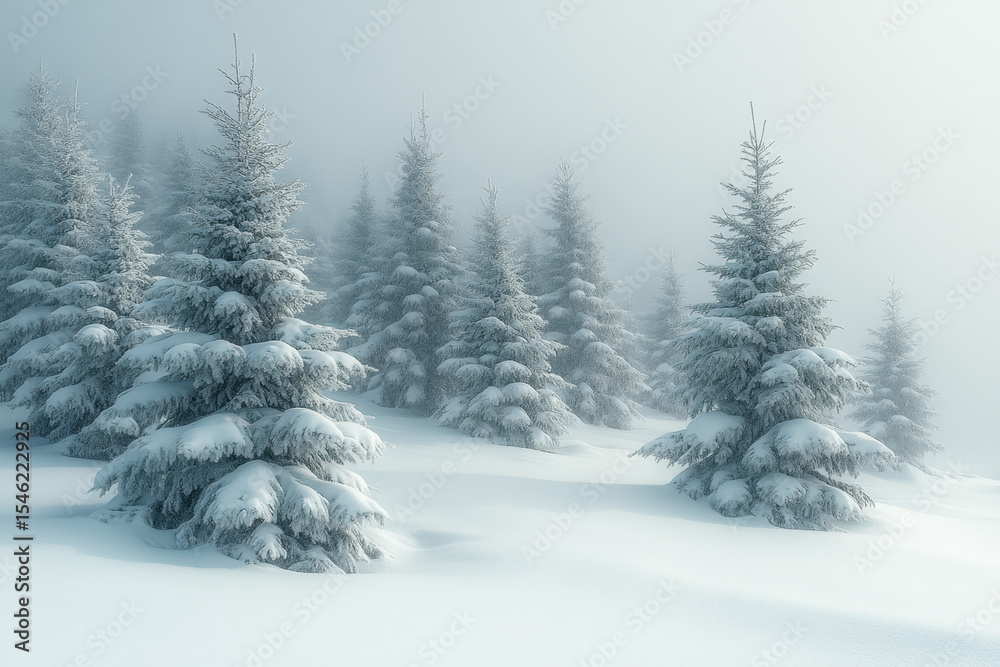 Obraz premium Snow-covered trees in a wintry landscape.