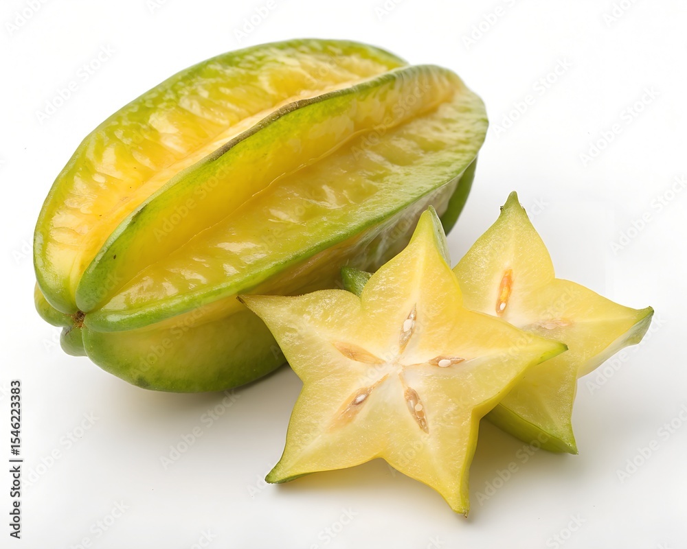 Fototapeta premium Half cut starfruit showing juicy inside star shape texture