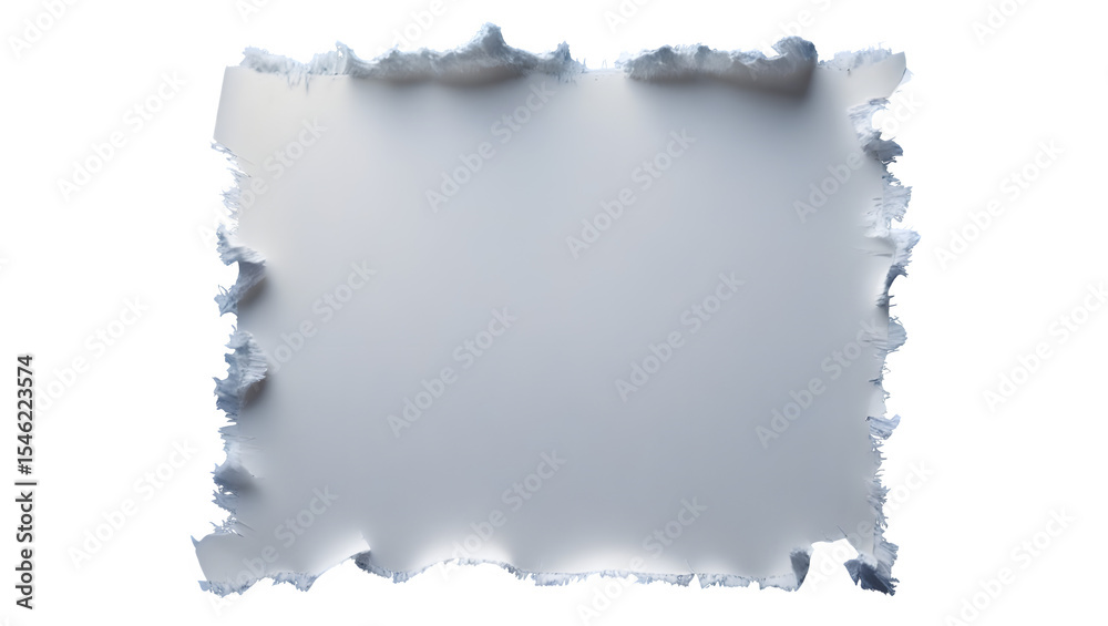 Obraz premium A large, torn white sheet of paper with jagged, frayed edges and a textured, creased surface filling the entire frame under neutral lighting