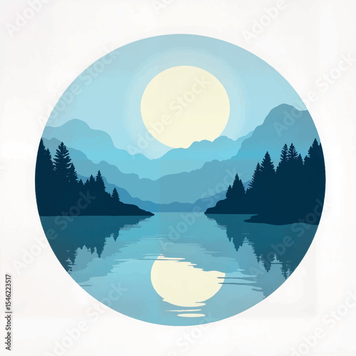 Serene moonrise over a foggy lake, peaceful reflection