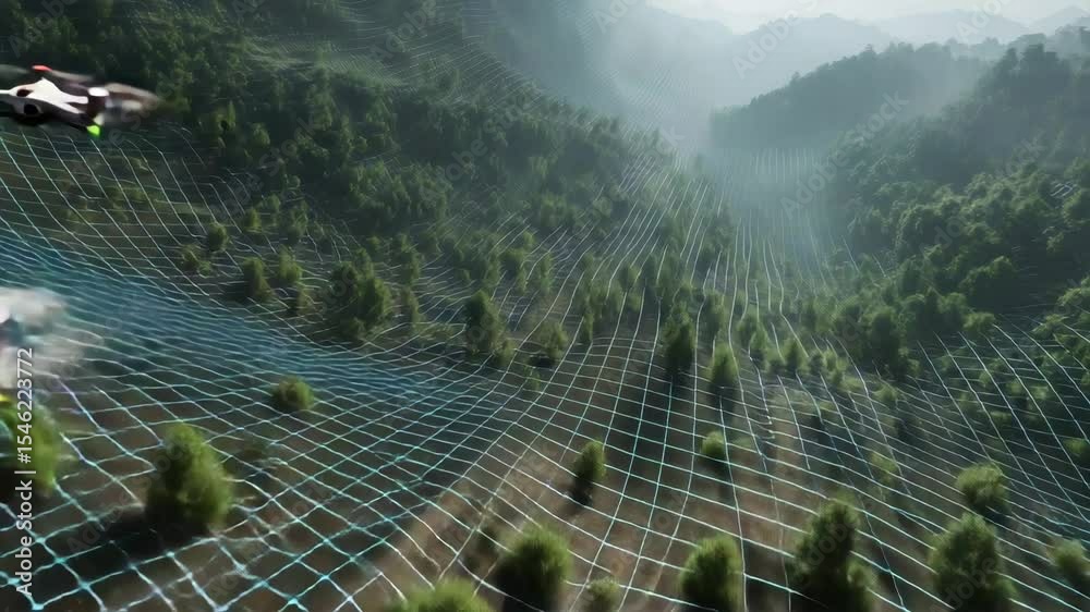 Two drones fly over a forested landscape mapped with a digital grid ...