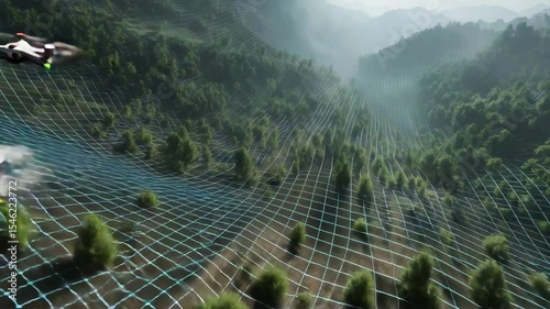 Two drones fly over a forested landscape mapped with a digital grid overlay, illustrating remote sensing technology in environmental monitoring. Climate innovation lab. 