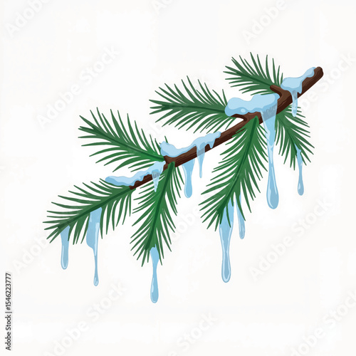 Pine bough with icicles in light breeze, winter freshness
