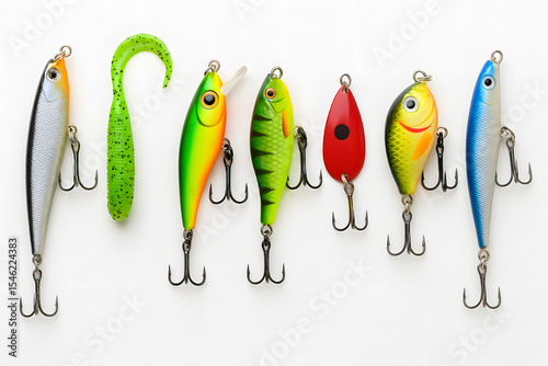 Colorful fishing lures arranged in row on white background. Set of assorted bait hooks for freshwater angling, sport fishing, tackle collection, artificial bait equipment, spinning lure selection clos