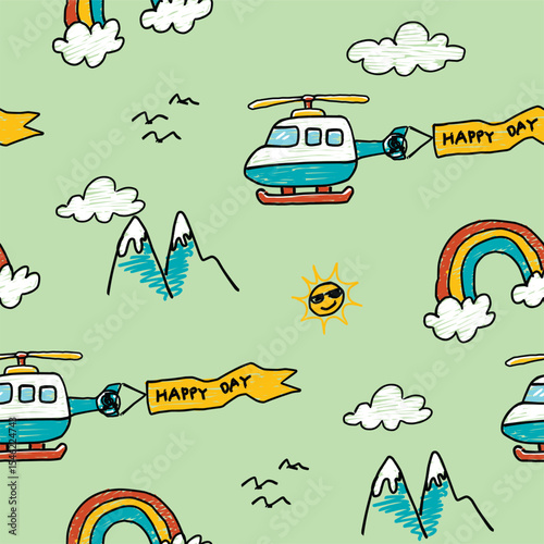 helicopter green pattern doodle vector set 