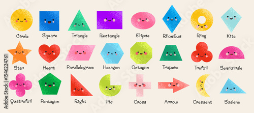 Geometric shapes for kids. A set of cute, funny basic figures with faces. Vector illustration in trendy Flat style