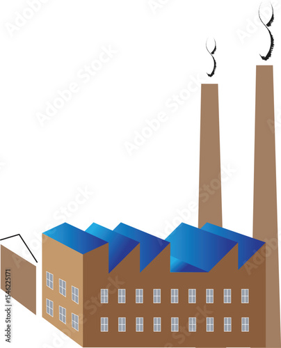 Isometric factory building illustration with twin chimneys emitting smoke – industrial architecture vector for manufacturing, production, or urban planning design.