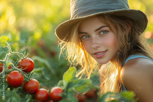 Woman in hat picking tomatoes.