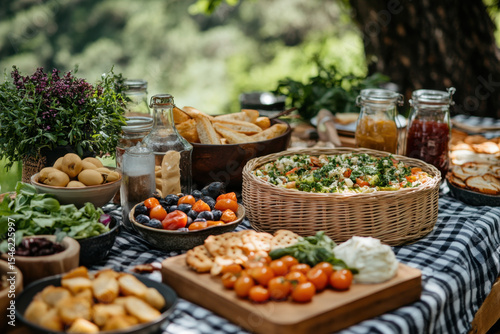 Picnic table filled with food and drinks.