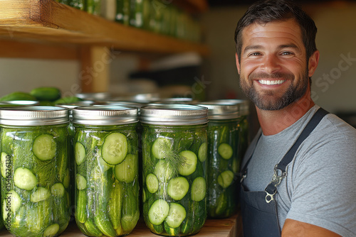 Man in front of pickle shelf.