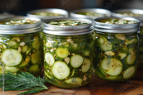 Jars filled with pickled cucumbers.