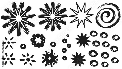 Illustration showing a variety of hand drawn abstract shapes including stars circles and a spiral design