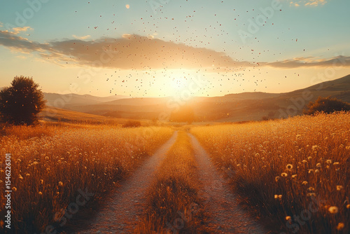 Path leading to the sun through a field.