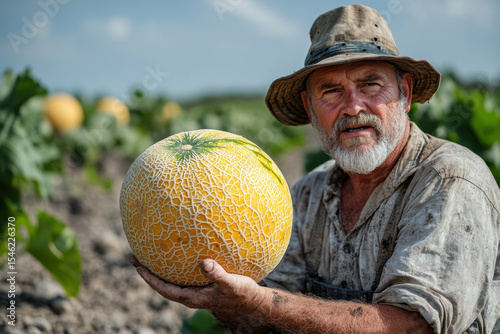 Man holding a large melon.