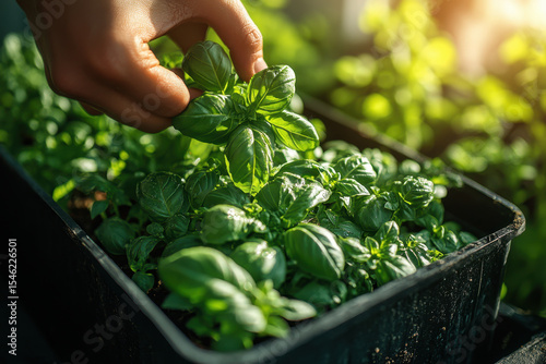 Hand picking basil leaves from a container.