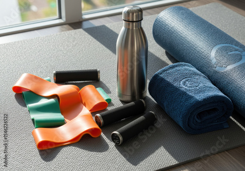 Yoga mat, towel, and bottle on wooden floor.