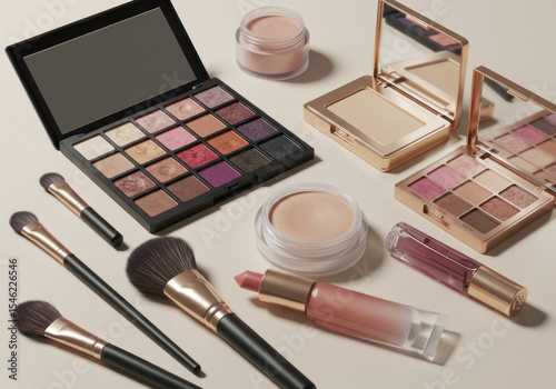 Assorted makeup products in vibrant hues, neatly arranged for a pop of color and beauty.