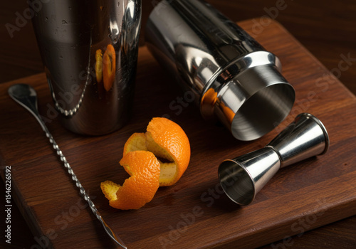 Glass of orange juice beside bottle of juice.