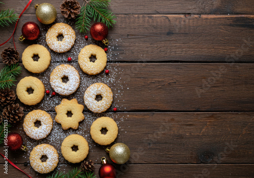 Christmas cookies decorated with icing next to pine branches on wooden background.