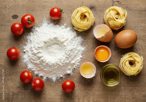 Bowls of pasta ingredients and cooking utensils on a kitchen countertop.