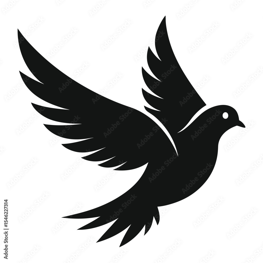 Fototapeta premium Black Dove Silhouette Flying Bird Illustration with Wings Spread Symbolizing Peace