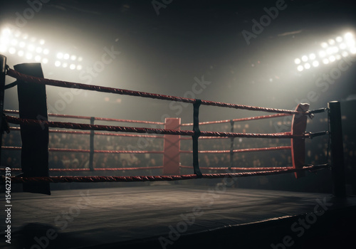 Boxing match in progress with referee in background.