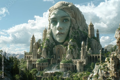 Majestic ancient city with colossal stone face overlooking lush landscape under a bright sky