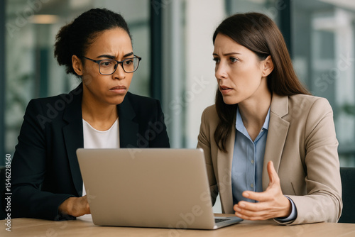 women in business attire looking at a laptop.