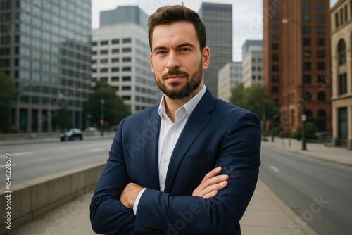 Man in suit on sidewalk.