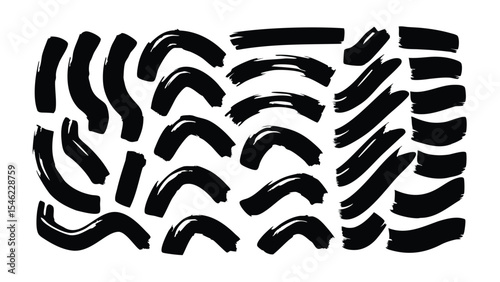 Collection of black brush strokes and paint smears in various shapes and orientations on a white background