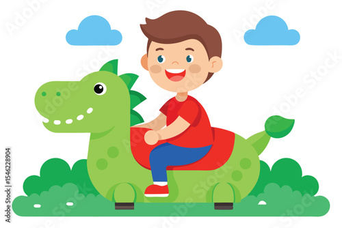 Boy Riding a Green Cartoon Dinosaur Spring Rider Under Blue Clouds
